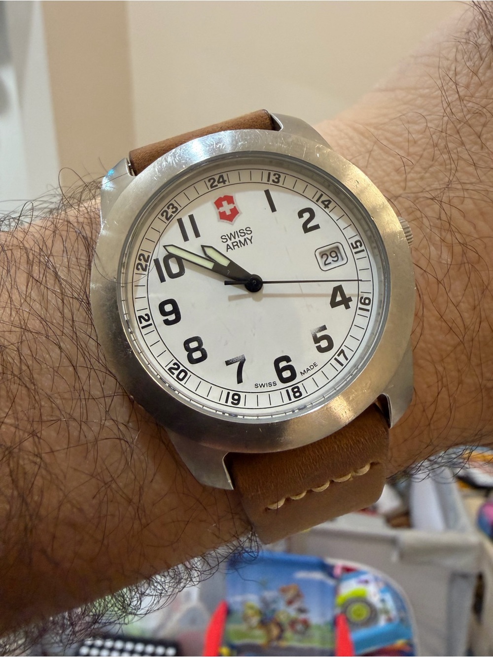 Men's White Dial Watch with Brown Leather Strap